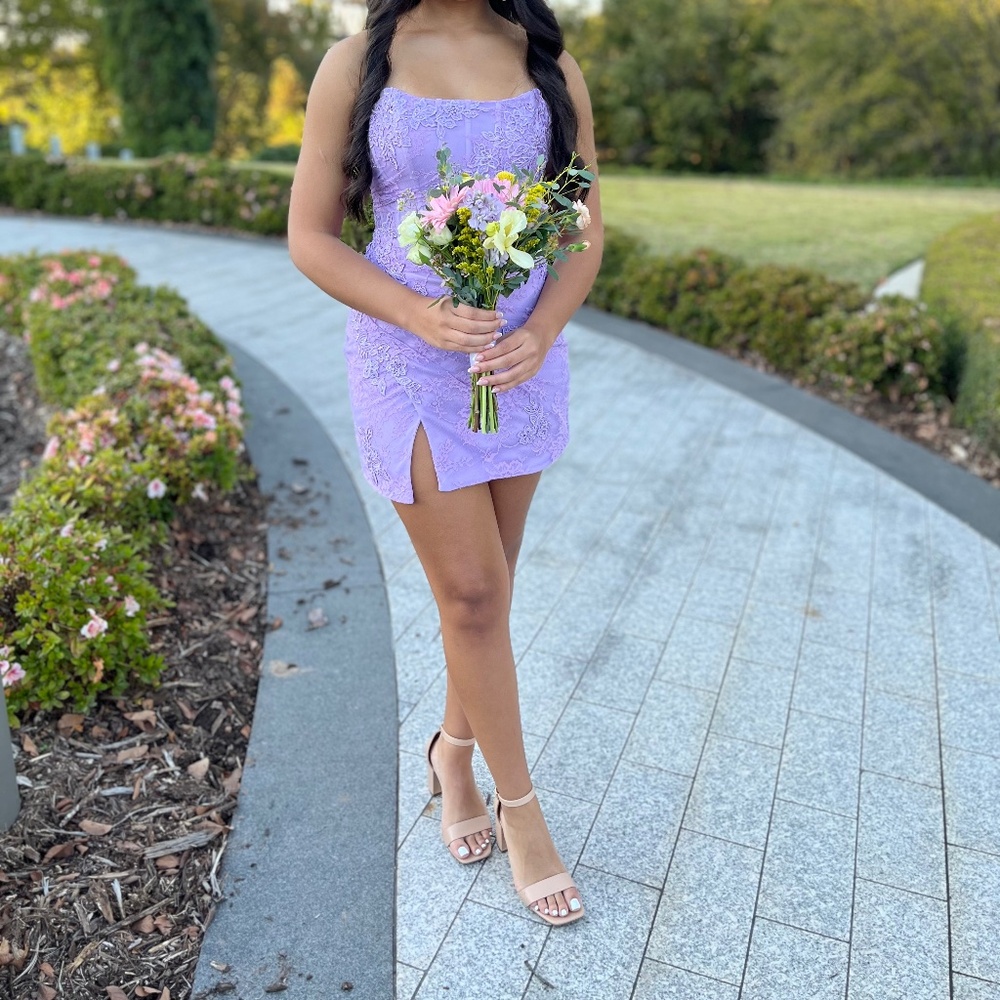 Sherri Hill Lavender Strapless Lace Mini Dress with Front Slit